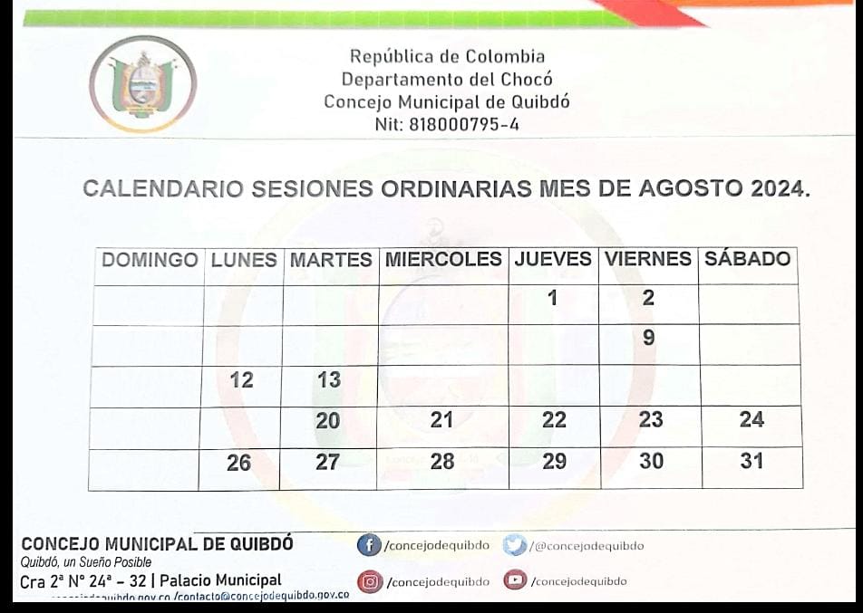 Calendario Sesiones Ordinarias Mes de Agosto 2024